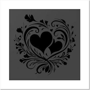 Elegant Black Heart and Floral Swirls Love Theme Posters and Art